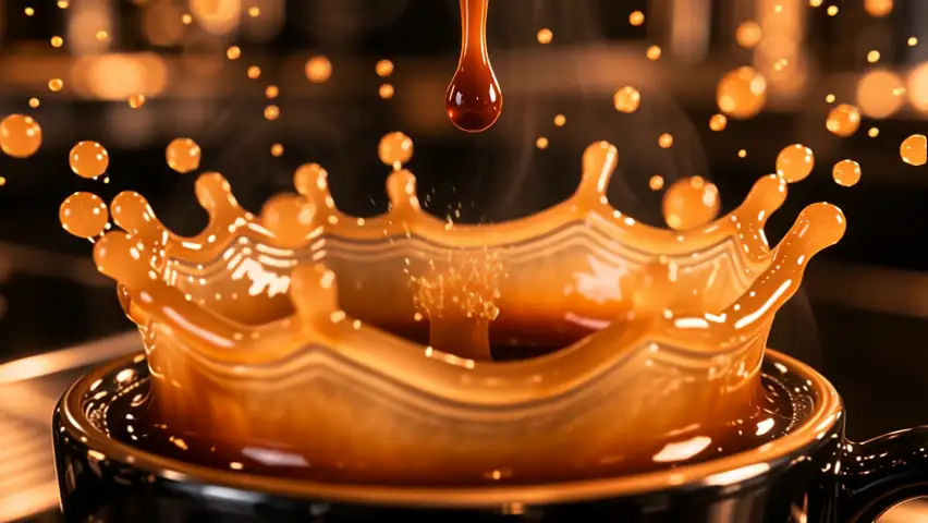 Espresso fließt in die Tasse und bildet eine Krone aus Tropfen